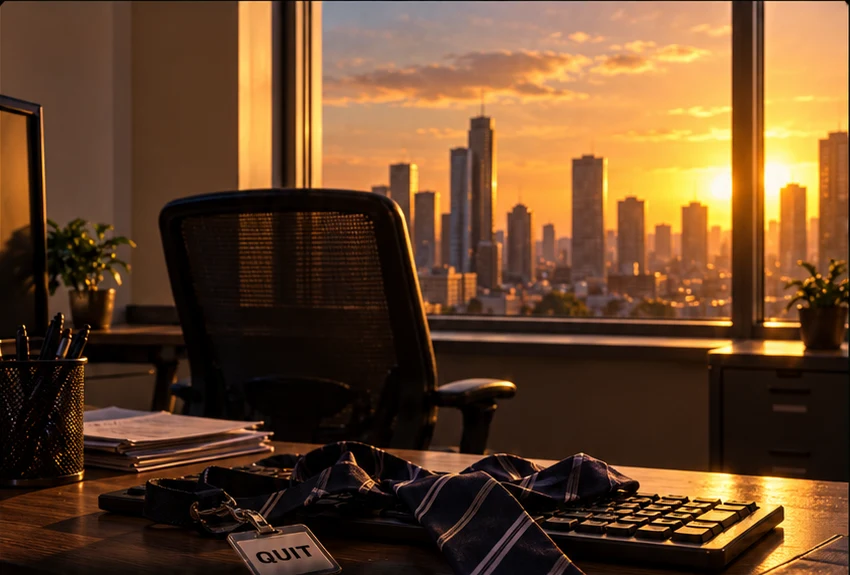 An empty office at sunset, with a quit badge on the desk