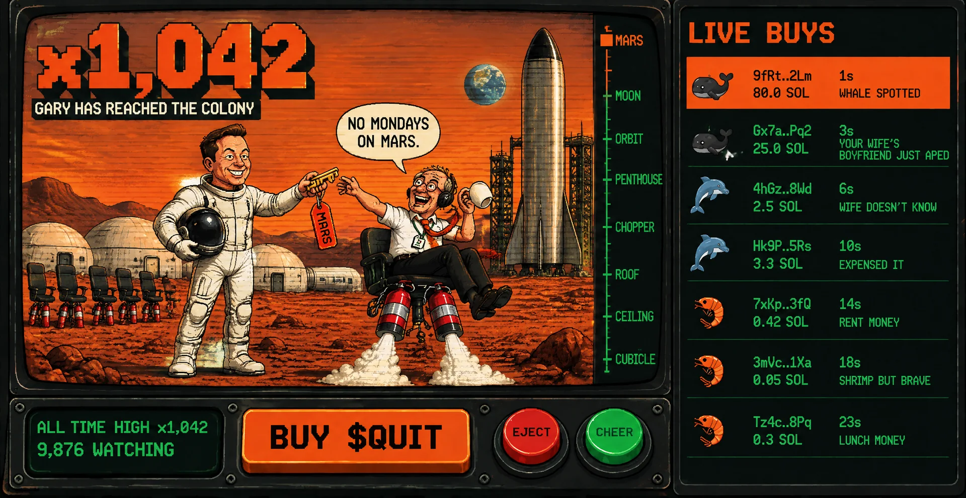 The Mars floor: Gary lands at the colony domes, where an astronaut hands him the key to Mars.