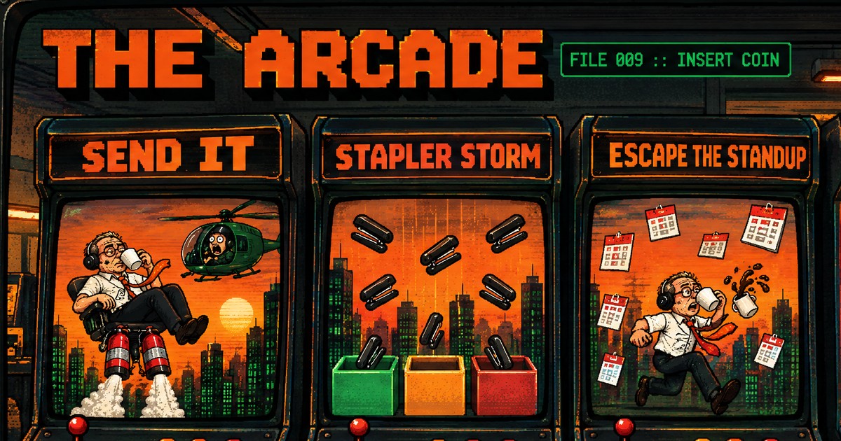 THE ARCADE: three arcade cabinets, SEND IT, STAPLER STORM and ESCAPE THE STANDUP, each showing Gary in its game.